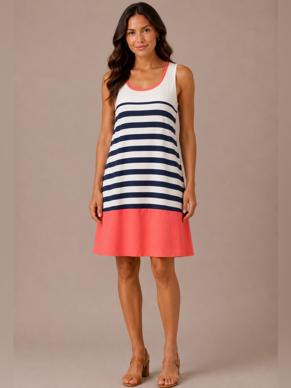 THML Sz M Nautical Sheath Dress Sleeveless Coral Navy  & White Stripes Coastal